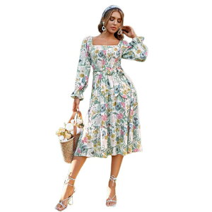 �R�W���C�� ���f�B�[�X �g�b�v�X �����s�[�X A ���C�� �t�����[�� �}�L�V �t�����[ Kojooin Women Off Shoulder Floral Flowy A Line Maxi Dress Green �O���[��