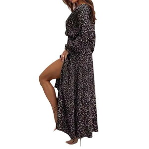 �W���C�W���C ���f�B�[�X �g�b�v�X �����s�[�X V�l�b�N �v�����g �}�L�V JoyJoy Women's Casual Printed Maxi Dress V-Neck Split Long Sleevelastic Waist Vacation Dress Black �u���b�N