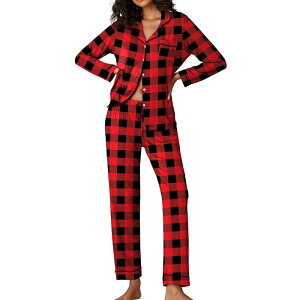 �G�R�A�[ ���f�B�[�X �A���_�[�E�F�A �i�C�g�E�F�A �{�^���_�E�� Ekouaer Pajamas Women's Long Sleeve Sleepwear Soft Button Down Loungewear Pjs Lounge Set Nightwear Black Red Plaid �u���b�N