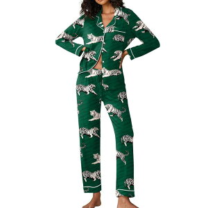 �G�R�A�[ ���f�B�[�X �A���_�[�E�F�A �i�C�g�E�F�A �{�^���_�E�� Ekouaer Pajamas Women's Long Sleeve Sleepwear Soft Button Down Loungewear Pjs Lounge Set Nightwear Dark Green Tiger �O���[��