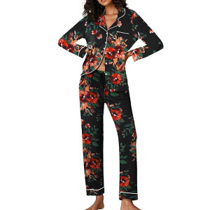 �G�R�A�[ ���f�B�[�X �A���_�[�E�F�A �i�C�g�E�F�A �{�^���_�E�� Ekouaer Pajamas Women's Long Sleeve Sleepwear Soft Button Down Loungewear Pjs Lounge Set Nightwear Floral Black �u���b�N