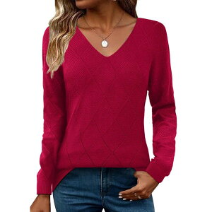 �W�[�O�[ ���f�B�[�X �A�E�^�[ �j�b�g�E�Z�[�^�[ V�l�b�N Zeagoo Women's Long Sleeve V Necknit Pullover Lightweight Crochet Casual Sweater Tops Red ���b�h
