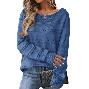 �W�[�O�[ ���f�B�[�X �A�E�^�[ �j�b�g�E�Z�[�^�[ �N���[�l�b�N Zeagoo Women's Crewneck Off Shoulder Loose Knit Sweater Lightweight Long Sleeve Pullover Jumper Blue �u���[