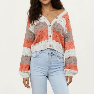 �A���i�J�V ���f�B�[�X �A�E�^�[ �j�b�g�E�Z�[�^�[ Anna-Kaci Women �f s Textured Knit Button Frontop with Long Sleevesoft Scalloped Stripe Pattern Khaki �J�[�L