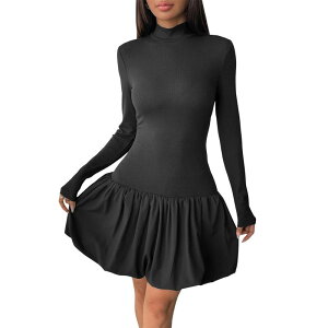 �y���������z �N���A�t�����[ ���f�B�[�X �����s�[�X �g�b�v�X Women's Turtleneck Ribbed Long Sleeve Mini Dress High Waist Flared Ruffle Bodycon Party Dress Black