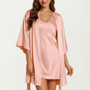 �A���i�J�V ���f�B�[�X �A���_�[�E�F�A �i�C�g�E�F�A �h���[�v �T�e�� Anna-Kaci Women's 2-Piece Set Satin Slip Dress and Open Front Robe with Flowing Draped Sleeves Mauve Pink �s���N