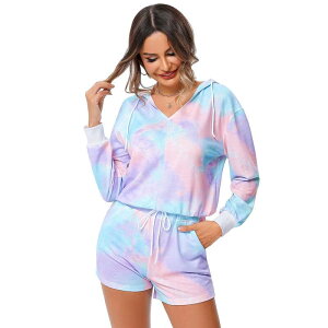 �R�W���C�� ���f�B�[�X �A���_�[�E�F�A �i�C�g�E�F�A �v�����g �V���[�g�p���c Kojooin Women's Print Long Sleeve Tops With Shorts Loungewear Nightwear Pullover Pajama Set With Pockets Tie Dye