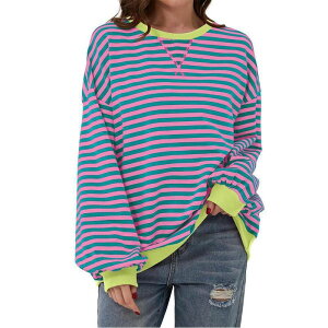 �R�W���C�� ���f�B�[�X �g�b�v�X T�V���c �N���[�l�b�N �X�E�F�b�g Kojooin Women Loose Striped Crewneck Sweatshirt Color Block Pullover Tops Pink Green �s���N