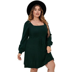 �C�G�X�t�@�b�V���� ���f�B�[�X �g�b�v�X �����s�[�X �v���X�T�C�Y �Z�[�^�[ Yesfashion Women Plusize Casual Sweater Dressquare Neck Long Sleeve Tie Waist Loose Pullover Dresses Dark Green �O���[��