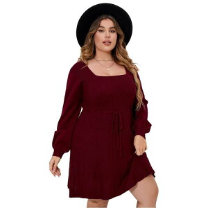�C�G�X�t�@�b�V���� ���f�B�[�X �g�b�v�X �����s�[�X �v���X�T�C�Y �Z�[�^�[ Yesfashion Women Plusize Casual Sweater Dressquare Neck Long Sleeve Tie Waist Loose Pullover Dresses Wine ���C��