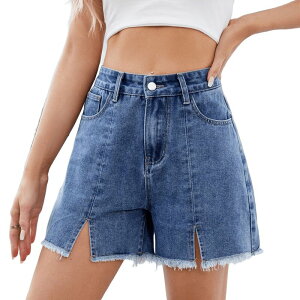 �R�W���C�� ���f�B�[�X �{�g���X �f�j���p���c ���C�h���b�O �V���[�g�p���c Kojooin Women Jean Stretch Wide Leg Denim Shorts with Slit Hem Deep Blue �u���[