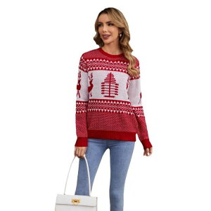 �C�G�X�t�@�b�V���� ���f�B�[�X �A�E�^�[ �j�b�g�E�Z�[�^�[ �X�����t�B�b�g Yesfashion Women �f slim Fit Ugly Christmasweater Knitted Xmas Pullover With Reindeer And Tree Design Red ���b�h
