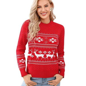 �N���A�t�����[ ���f�B�[�X �A�E�^�[ �j�b�g�E�Z�[�^�[ �N���[�l�b�N ClearFlower Women's Christmasweater Long Sleeve Crew Neck Snowflake Pattern Jacquard Knit Sweatered ���b�h