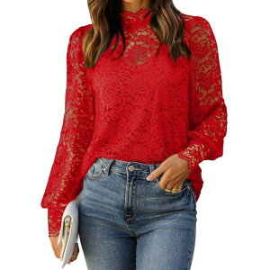 �W�[�O�[ ���f�B�[�X �g�b�v�X T�V���c �u���E�X ���[�X Zeagoo Women's Lace Long Sleeve Puffy Sleeve Dressy Casual Tops Date Night Blouses Red ���b�h
