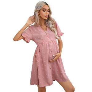 �G���[�g�X�s���b�g ���f�B�[�X �g�b�v�X �����s�[�X V�l�b�N �}�^�j�e�B EliteSpirit Womens Maternity V Neck Lantern Sleeve Jacquardot Pocket Babydoll Baby Shower Dress Dirty Pink �s���N