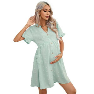 �G���[�g�X�s���b�g ���f�B�[�X �g�b�v�X �����s�[�X V�l�b�N �}�^�j�e�B EliteSpirit Womens Maternity V Neck Lantern Sleeve Jacquardot Pocket Babydoll Baby Shower Dress Light Green �O���[��
