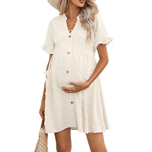 �N���A�t�����[ ���f�B�[�X �g�b�v�X �����s�[�X V�l�b�N �t���� �}�^�j�e�B ClearFlower Women's V Neck Short Ruffled Sleeve Maternity Button Front Pockets Flowy Dress Beige �x�[�W��