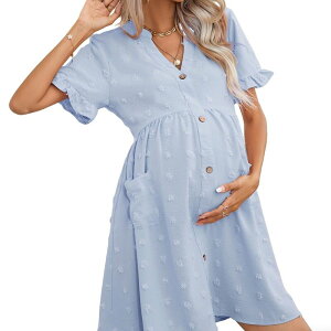 �N���A�t�����[ ���f�B�[�X �g�b�v�X �����s�[�X V�l�b�N �t���� �}�^�j�e�B ClearFlower Women's V Neck Short Ruffled Sleeve Maternity Button Front Pockets Flowy Dress Light Blue �u���[