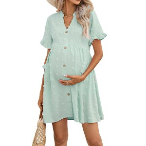 �N���A�t�����[ ���f�B�[�X �g�b�v�X �����s�[�X V�l�b�N �t���� �}�^�j�e�B ClearFlower Women's V Neck Short Ruffled Sleeve Maternity Button Front Pockets Flowy Dress Light Green �O���[��
