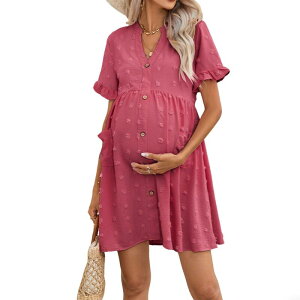 �N���A�t�����[ ���f�B�[�X �g�b�v�X �����s�[�X V�l�b�N �t���� �}�^�j�e�B ClearFlower Women's V Neck Short Ruffled Sleeve Maternity Button Front Pockets Flowy Dress Rosy