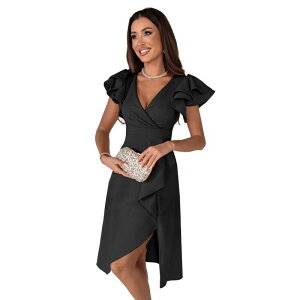 �y���������z �Z�I���A ���f�B�[�X �����s�[�X �g�b�v�X Women's Warp V Neck Ruffle Short Sleeve A Line Party Dress Black