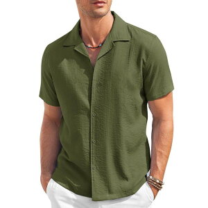 �N�[�t�@���f�B ���f�B�[�X �g�b�v�X T�V���c ���l�� COOFANDY Mens Cuban Guayabera Shirtshort Sleeve Linen Shirt Loose Fit Camp Collar Shirt Army Green �O���[��