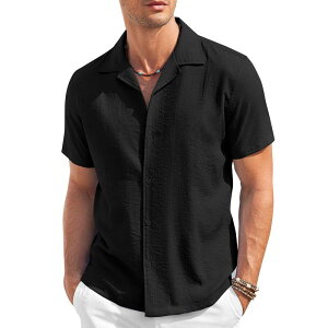 �N�[�t�@���f�B ���f�B�[�X �g�b�v�X T�V���c ���l�� COOFANDY Mens Cuban Guayabera Shirtshort Sleeve Linen Shirt Loose Fit Camp Collar Shirt Black �u���b�N