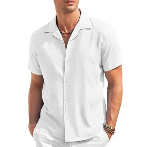 �N�[�t�@���f�B ���f�B�[�X �g�b�v�X T�V���c ���l�� COOFANDY Mens Cuban Guayabera Shirtshort Sleeve Linen Shirt Loose Fit Camp Collar Shirt White �z���C�g