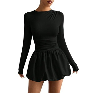 �{�f�B�T�C�Y ���f�B�[�X �g�b�v�X �����s�[�X �N���[�l�b�N A ���C�� �M���U�[ �~�j BODDYSIZE Women's Long Sleeve Bubble Mini Dress Ruched Elegant Crew Neck Y2k A Line Cocktail Night Dresses Black �u���b�N
