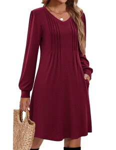 �W�[�O�[ ���f�B�[�X �g�b�v�X �����s�[�X V�l�b�N A ���C�� Zeagoo Fall A Line Dress for Women Long Sleeve Casual Dresses V Neck Tunic Boho Dress Burgundy �o�[�K���f�B