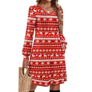 �W�[�O�[ ���f�B�[�X �g�b�v�X �����s�[�X V�l�b�N A ���C�� Zeagoo Fall A Line Dress for Women Long Sleeve Casual Dresses V Neck Tunic Boho Dress Mas Reindeer