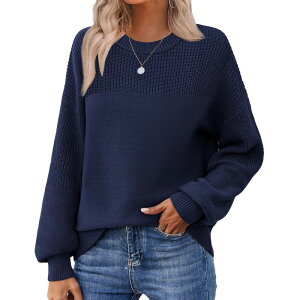 �W�[�O�[ ���f�B�[�X �A�E�^�[ �j�b�g�E�Z�[�^�[ �N���[�l�b�N Zeagoo Cute Fall Tops for Women Winter Crewneck Long Sleeve Navy Blue �l�C�r�[