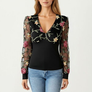 �A���i�J�V ���f�B�[�X �g�b�v�X �V���c �t�����[�� ���b�V�� �V�A�[ �h�J �t�����[ Anna-Kaci Women's Long Sleeve Sheer Floral Embroidered Mesh Top with Fitted Bodice Black �u���b�N