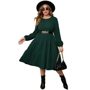 �R�W���C�� ���f�B�[�X �g�b�v�X �����s�[�X �N���[�l�b�N �v���X�T�C�Y �~�f�B �Z�[�^�[ Kojooin Women Plusize Dress Crew Neck Long Sleeve Midi Sweater Dresses with Pockets Dark Green �O���[��