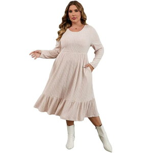 �W���C�W���C ���f�B�[�X �g�b�v�X �����s�[�X �v���X�T�C�Y �t���� ���u �~�f�B JoyJoy Plusize Women Ribbed Ruffle Midi Dress Long Sleeve Casual Dress with Pockets Apricot �A�v���R�b�g
