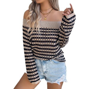 �G���[�g�X�s���b�g ���f�B�[�X �g�b�v�X T�V���c �I�t�V�����_�[ �Z�[�^�[ �j�b�g EliteSpirit Women's Off-Shoulder Striped Knit Sweater Openwork Long Sleeve Casual Top Khaki �J�[�L