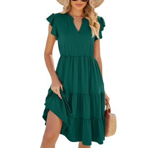 �t�@���W�����C ���f�B�[�X �g�b�v�X �����s�[�X V�l�b�N �e�B�A�[�h �t���� �~�f�B FUNJULY Women's V Neck Ruffle Sleeve Dressolid Casual Dress with Pocketsummer Tiered Midi Dresses Dark Green �O���[��