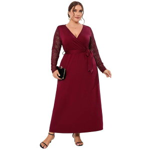 �R�W���C�� ���f�B�[�X �g�b�v�X �����s�[�X V�l�b�N �v���X�T�C�Y ���[�X �}�L�V Kojooin Plusize Wrap V Neck Maxi Dress For Women Formal Curvy Long Dresses Lace Short Sleeve Summer Dress Wine Red ���b�h