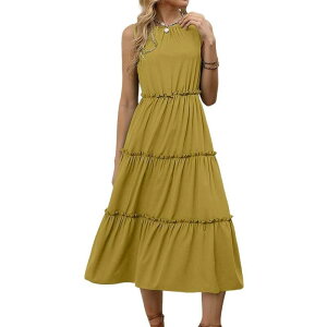 �y���������z �N���A�t�����[ ���f�B�[�X �����s�[�X �g�b�v�X Women's Sleeveless Ruched Crew Neck Ruffle Tiered Maxi Boho Dress Summer Casual A Line Long Dress Yellow