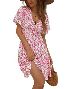 �t�@���W�����C ���f�B�[�X �g�b�v�X �����s�[�X �~�j FUNJULY Women's Cute Wrap Mini Dressummer Casual Dress for Daily Wear Pink �s���N