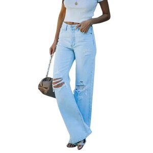 �C�G�X�t�@�b�V���� ���f�B�[�X �{�g���X �J�W���A���p���c ���C�h���b�O �f�j�� Yesfashion Women's Ripped High Waisted Wide Leg Destroyedenim Pants Light Blue �u���[
