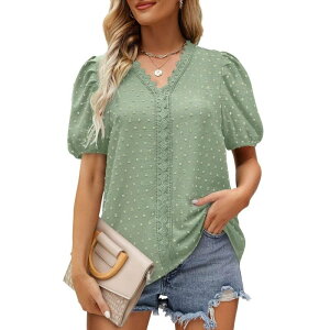 �C�G�X�t�@�b�V���� ���f�B�[�X �g�b�v�X �V���c ���[�X�g���� �u���E�X ���[�X Yesfashion Women's Elegant Blouse Puff Short Sleeve Swiss Dot Lace Trim Top for Casual Work Office Green �O���[��