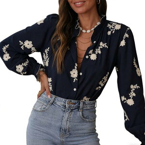 �G���[�g�X�s���b�g ���f�B�[�X �g�b�v�X �V���c �t���� �u���E�X EliteSpirit Womensummer Long Lantern Sleeve Jacquard Fall Casual Shirt Button Ruffle Collar Tops Loose Blouses Blue �u���[
