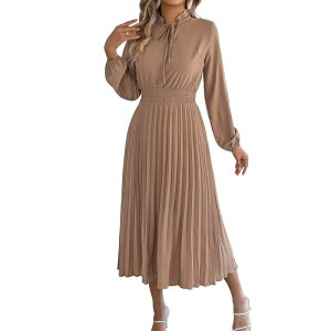 �R�W���C�� ���f�B�[�X �g�b�v�X �����s�[�X �v���[�c �V���[�����O �}�L�V Kojooin Women's Tie Neck Pleated Maxi Dress Long Puff Sleeve Smocked Waist Spring Summer Dress Khaki �J�[�L