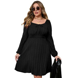 �R�W���C�� ���f�B�[�X �g�b�v�X �����s�[�X �v���X�T�C�Y �Z�[�^�[ Kojooin Plusize Women Tie Front Square Neck Sweater Dress Black �u���b�N