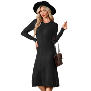 �R�W���C�� ���f�B�[�X �g�b�v�X �����s�[�X �N���[�l�b�N �Z�[�^�[ �j�b�g Kojooin Women's Winter Knitted Crewneck Fit and Flare Sweater Dress Black �u���b�N