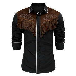 �N���A�t�����[ ���f�B�[�X �g�b�v�X T�V���c ���B���e�[�W �X�G�[�h �t�����W ClearFlower Men's Distressed Suede Patch Shirt Roll-Up Sleeve Fringe Detail Vintage Festival Top Black �u���b�N