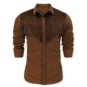 �N���A�t�����[ ���f�B�[�X �g�b�v�X T�V���c ���B���e�[�W �X�G�[�h �t�����W ClearFlower Men's Distressed Suede Patch Shirt Roll-Up Sleeve Fringe Detail Vintage Festival Top Brown �u���E��