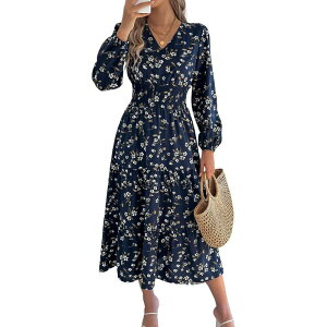 �R�W���C�� ���f�B�[�X �g�b�v�X �����s�[�X V�l�b�N �t�����[�� �}�L�V �t�����[ Kojooin Women Floralantern Sleeve Wrap V Neck Flowy Maxi Dresses Navy Blue �l�C�r�[