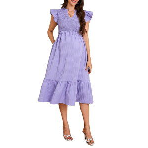 �y���������z �N���A�t�����[ ���f�B�[�X �����s�[�X �g�b�v�X Women's Maternity V Neck Ruffle Cap Sleeve Smocked Bodice Texture Tiered Midi Dres Purple